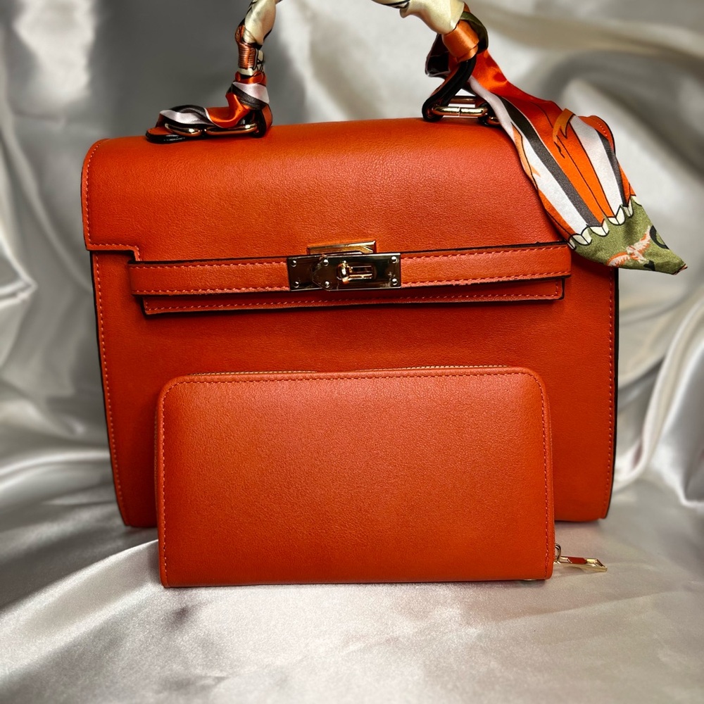 Elegant Orange Handbag and Wallet Set